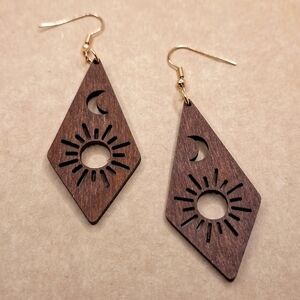 wood sun moon earrings hollowed boho jewelry diamond shape